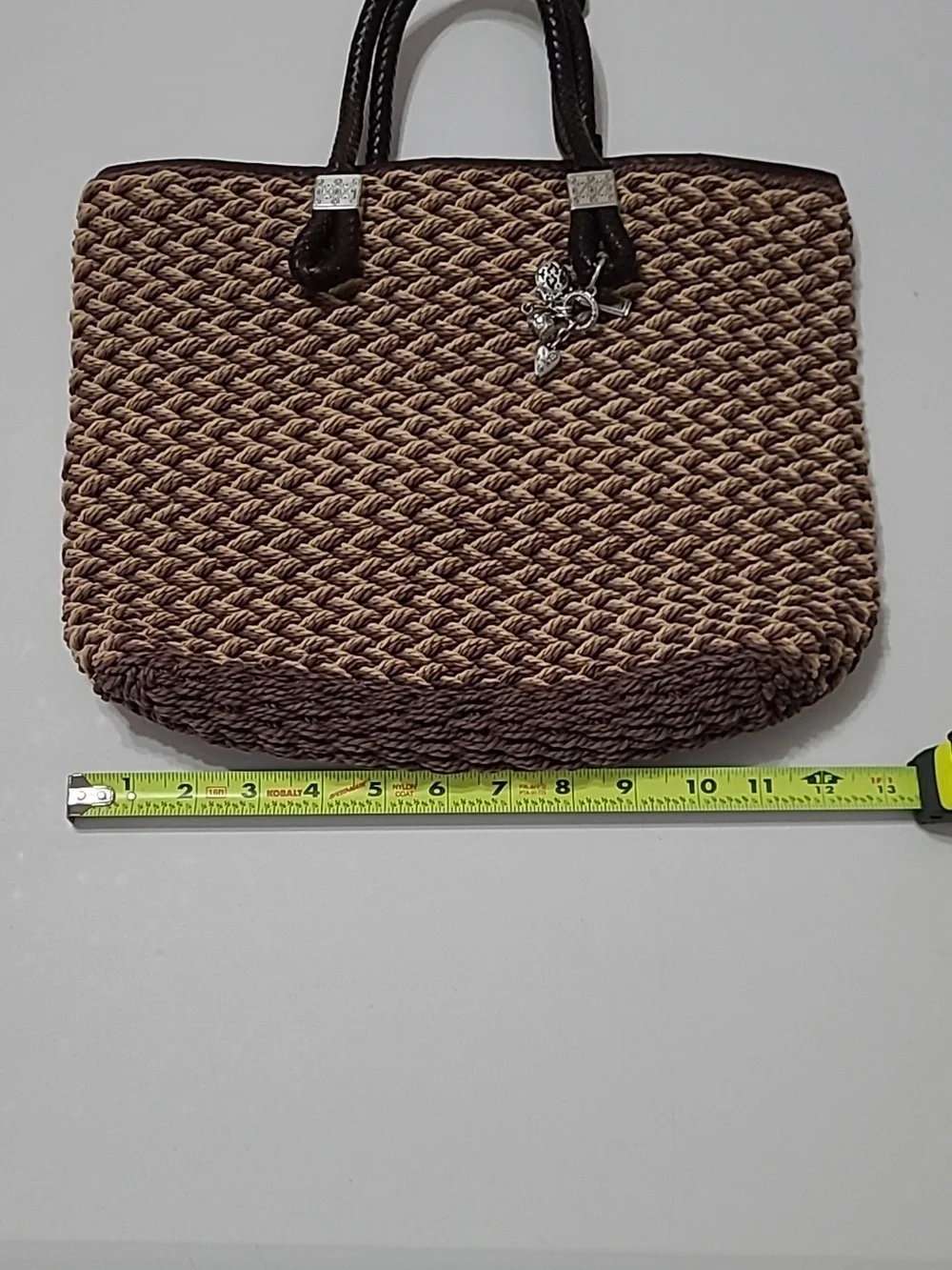 Brighton Tan Woven Tote, Dark Brown Trim, Silver Charm & Leather Braided Handles